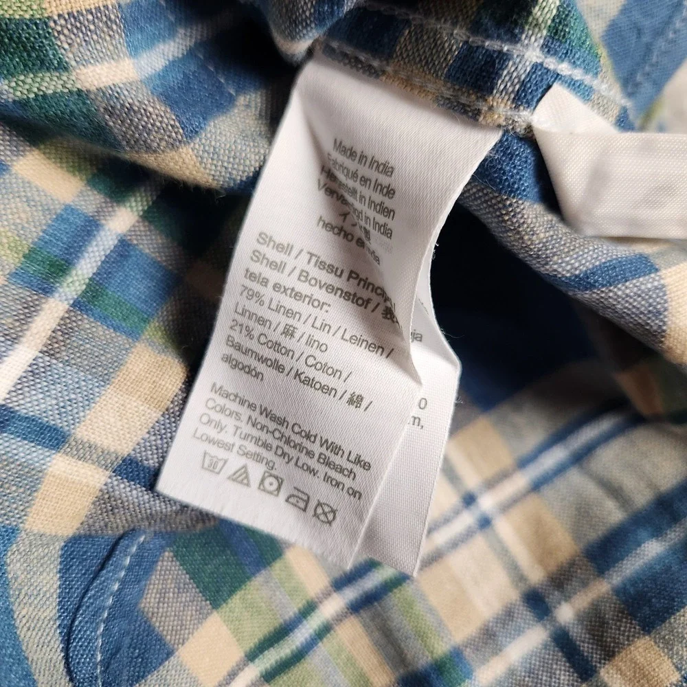 J‎ Crew Linen Blend Shirt Men L Blue Multicolor Scotch Plaid Slim Fit Preppy